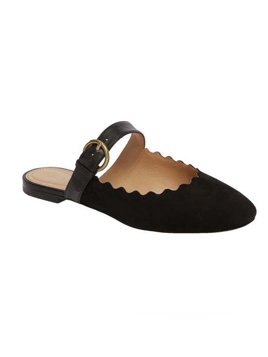 Chloe Shoes - Chloe Black Scalloped Flats with Buckle Strap - size 7